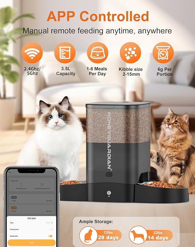 HoneyGuaridan Automatic Cat Feeder for Two Cats, 5G WiFi Smart Feed Pet Feeder with Stainless Steel Bowl,APP Control Dispenser, Dual Power Supply,Desiccant Bag,10s Meal Call Black-Mewly Pet