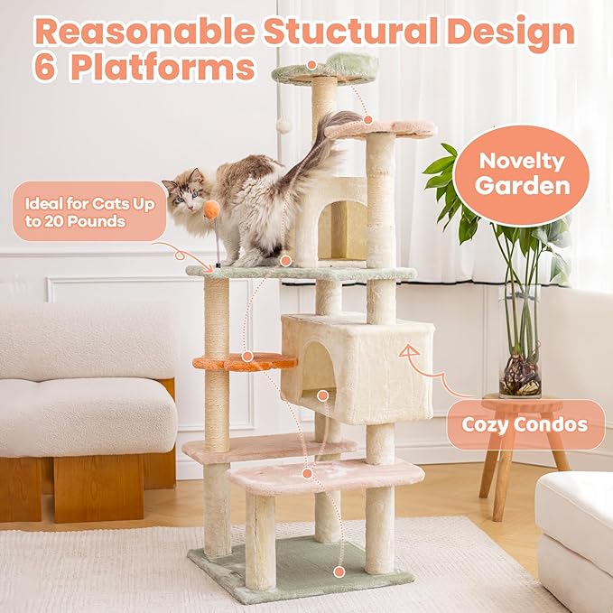 HYABi 59 Inch Flower Cat Tree Tower - Multi-Level Cat Condo with Plush Scratching Posts, Toy Balls, and Pet House, Indoor Play Platform for Large Adult Cats, Stylish Color Design-Mewly Pet