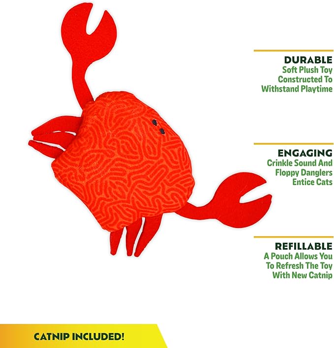 ZOOMIE Crab - Refillable Catnip Toy + Catnip | High Potency Hand Harvested Fresh | Soft Plush for Engaging Play-Mewly Pet