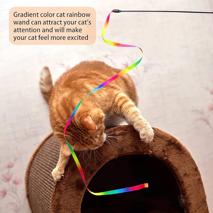 Cat Wand Toys Interactive Kitten Toys for Indoor Cats Colorful Teaser Wand String for Exercise Kitten Stick Kitty Rope Toy Rainbow Ribbon Cat Charmer -2Pcs-Mewly Pet