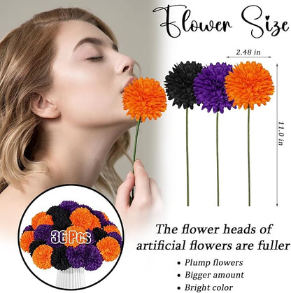 36 Pcs Halloween Artificial Flowers Halloween Chrysanthemums Ball Silk Flowers Black Orange Purple Fake Hydrangea for Halloween Party Home Table Centerpieces Vase Decor