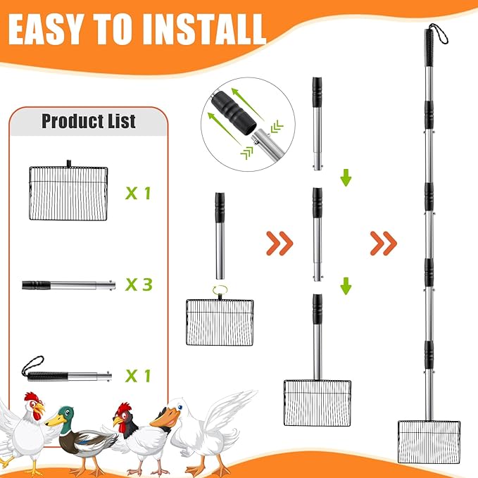 Esmorah 10 Inch Large Metal Chicken Poop Scooper for Sand & Coop Cleaning - Long Sifting Shovel with 24"-68" Adjustable Handle, 5 Lengths Heavy Duty Stainless Steel-Mewly Pet