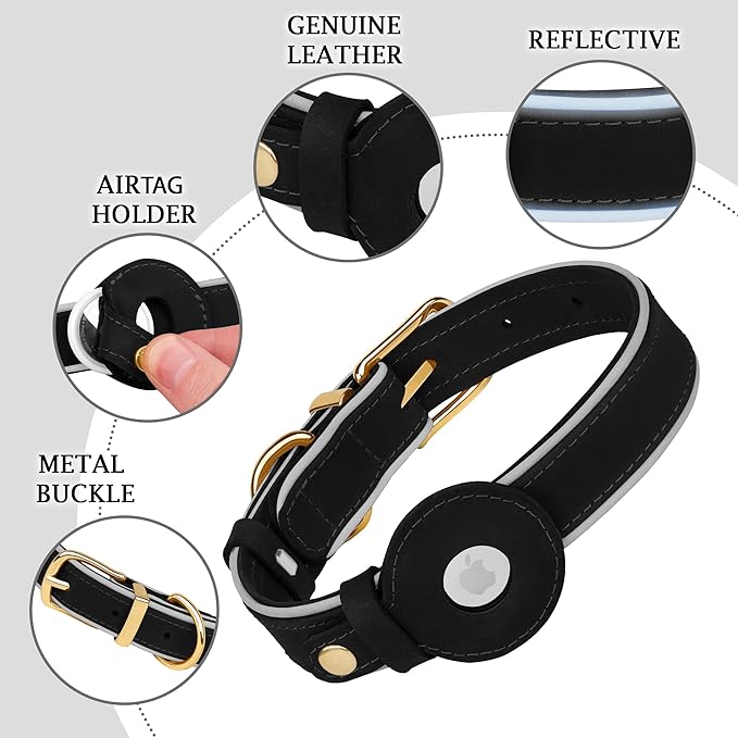 OOPSDOGGY Reflective Geniune Leather Airtag Dog Collar Soft Padded Collars for Small Medium Large Breed Dogs Puppy, 4 Sizes, 7 Colors (Black, XLarge, 19"-24")-Mewly Pet