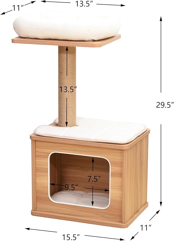 Catry 29.7" Tall 3 Level Laminated Wood Cat Tree with Large Base Condo, 2 Paded Steps, Natural Jute Scratching Post, Sturdy and Easy to Assemble for Small Cat, Brown-Mewly Pet