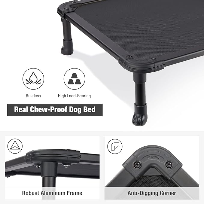 Veehoo Chew Proof Elevated Dog Bed - Cooling Raised Pet Cot - Rustless Aluminum Frame and Durable Textilene Mesh, Unique Designed No-Slip Feet for Indoor or Outdoor Use, Black, X-Large, CWC2002-Mewly Pet