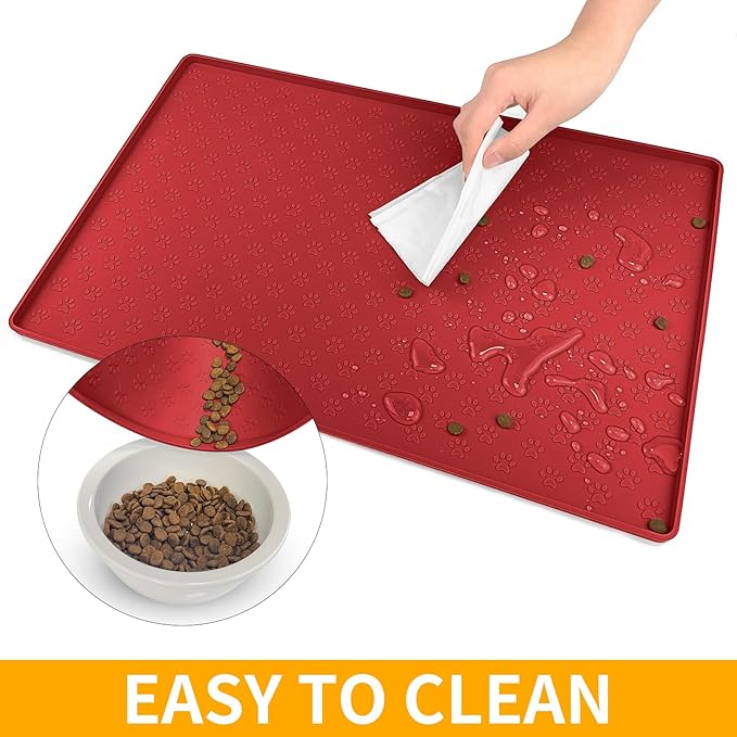 Ptlom Dog Food Mat Anti-Slip Pet Bowl Mats for Food and Water, High-Lips Pet Placemat Prevent Messy Spills to Floor, Waterproof Puppy Feeding Tray for Small, Medium Large Dogs Cats, Silicone-Mewly Pet
