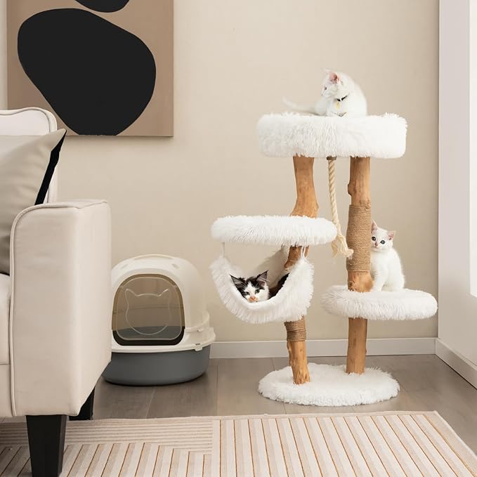 Tangkula Cat Tree Tower, Solid Wood Modern Cat Tower with Cozy Top Perch, 2 Platforms & 1 Hammock, Natural Branch Cute Cat Tree with Scratching Posts & Sisal Rope for Indoor Cats-Mewly Pet