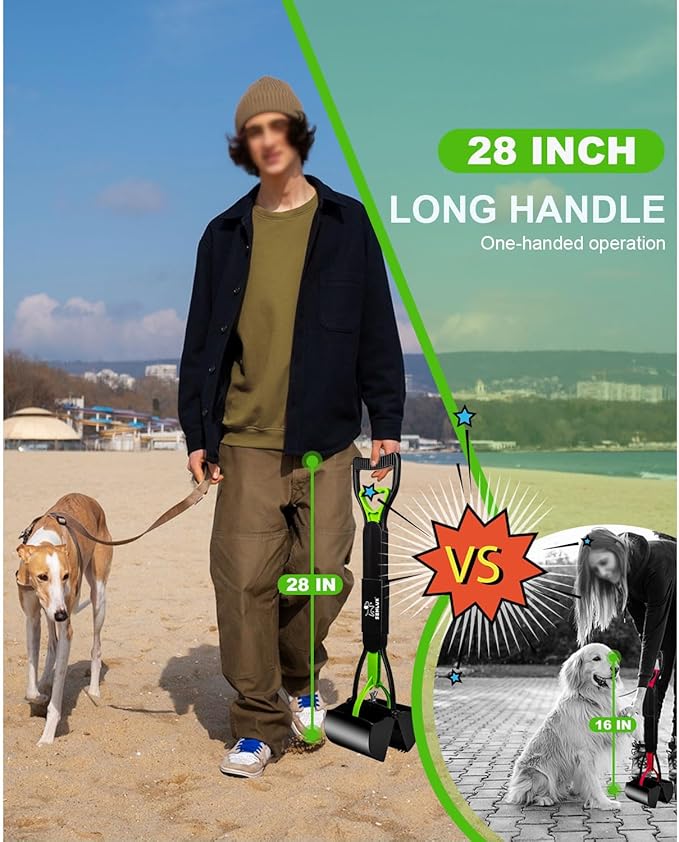SZHLUX 28" Pooper Scooper, Foldable Dog Pooper Scooper with Unbreakable Material and Durable Spring for Grass and Gravel, Green-Mewly Pet