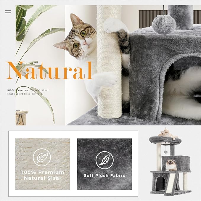 PAWZ Road 34 Inches Cat Tree Multilevel Cat Tower with Double Condos, Spacious Perch, Fully Wrapped Scratching Sisal Post and Replaceable Dangling Balls Gray-Mewly Pet