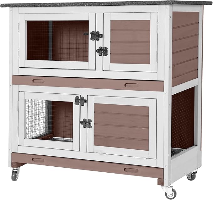 GUTINNEEN Rabbit Hutch Indoor with Chew-Proof Design, Wooden Bunny Cage Guinea Pig Cages with Lockable Wheels, Leak-Proof Trays for 1-3 Rabbits, Guinea Pigs, Small Animals (Brown)-Mewly Pet