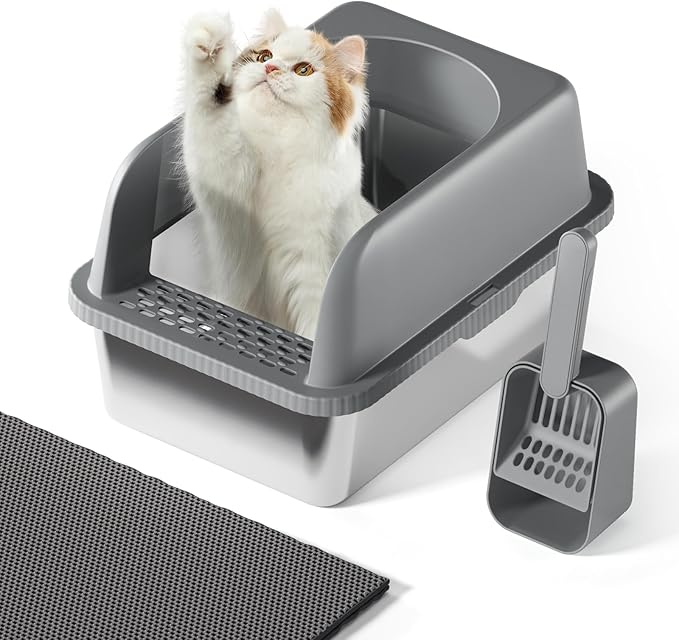 Stainless Steel Cat Litter Box with Lid, 20" L x 14.2" W x11.8 H, Large Cat Litter Box for Multiple Cats with High Sided, No-Leak & Stick, Easy to Clean, Includes Litter Mat & Multi Functional Scoop-Mewly Pet