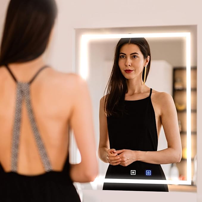 Fab Glass and Mirror LED Mirror 28x36 Inches, Led Bathroom Mirror with Lights Front and Backlit Anti-Fog Memory Brightness, Three Color Options Frameless Wall Mounted Bathroom Vanity Mirror