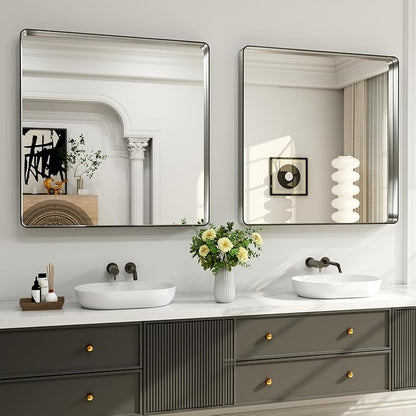 LOAAO 30X30 Inch Brushed Nickel Bathroom Mirror, Rounded Rectangle Silver Metal Frame Mirror, Brushed Nickel, Anti-Rust, Shatter Proof, Hangs Horizontally or Vertically
