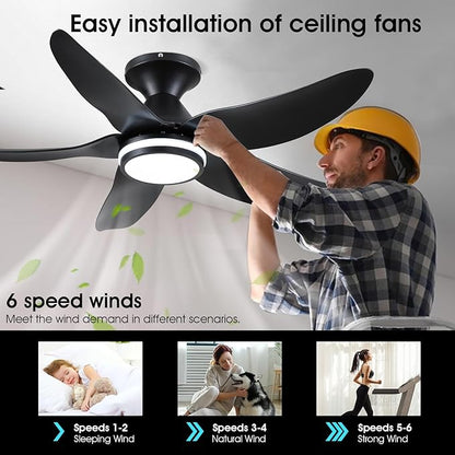 46 inch Ceiling Fans with Lights and Remote/APP Control, Modern Flush Mount Ceiling Fans with 5 Reversible Blades 6 Speeds, 3 Colors Dimmable+Ring Lights for Bedroom Dining Room, Black