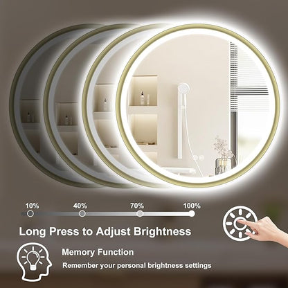 S'bagno 24'' Round Gold LED Mirror for Bathroom with Frontlit & Backlit, LED Vanity Mirror with Metal Frame, Anti-Fog, Stepless Dimmable, 3 Colors Temperature
