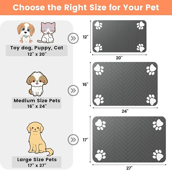 Pet Feeding Mat-Absorbent Pet Placemat for Food and Water Bowl, with Waterproof Rubber Backing, Quick Dry Water Dispenser Mat for Dog and Cat (17"x27", Striped Dark Gray)-Mewly Pet