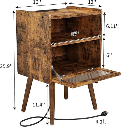 Mid Century Modern Nightstand with Charging Station, Bedside Tables with Glass Door, End Table Side Table with 2 Tiers Storage Space, for Bedroom, Living Room, Brown