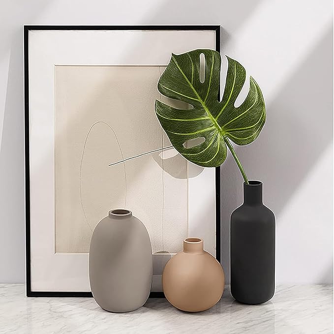 Smiletag Ceramic Modern Farmhouse Vase, Neutral Small for Table, Living Room, Shelf, Bookshelf and Entryway Décor, Set of 3