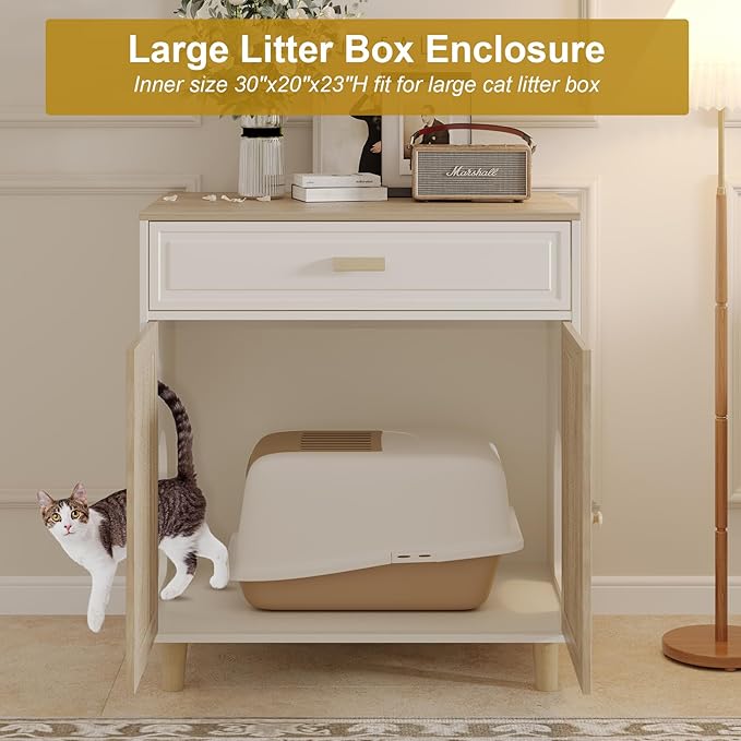 Cat Litter Box Enclosure Furniture Hidden - Indoor 2-in-1 Wooden Cat House & Washroom Cabinet with Scratching Board Doors and Drawer, 31.5”x21.6”x34.6”H-Mewly Pet