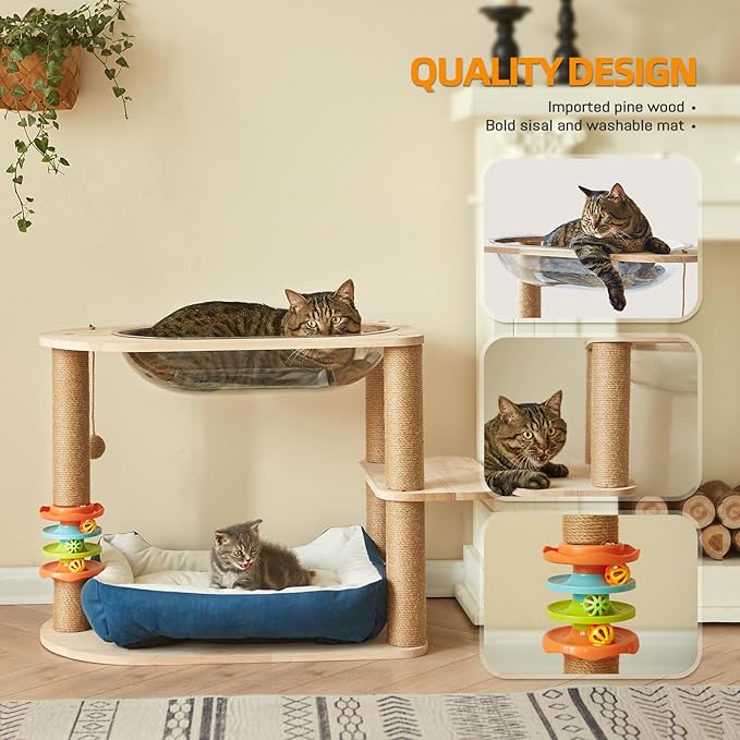 2 Tier Cat Tower,21.85 in cat Perch Wood cat condo with Hammock and Sisal Rope Scratcher Post Hanging Toy Balls for Indoor Large Cats Kittens (Blue)-Mewly Pet
