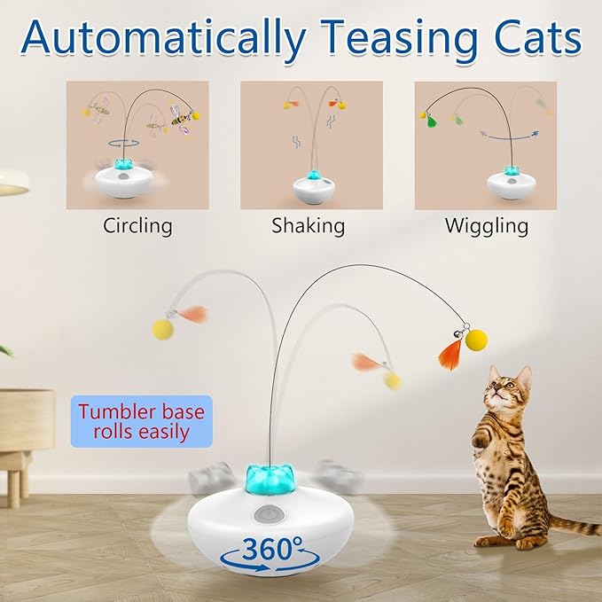 Interactive Cat Toys Cat Exercise Tumbler, Rechargeable Cat Toys for Indoor Cats Spin Butterfly Game Teasing Kitty, Extra Long Feather Wand (P33 cat Toys)-Mewly Pet