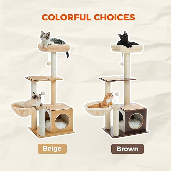 PEQULTI Modern Cat Tree for Indoor Cats,Multilevel Play House Cat Tower with Cat Condo, Scratching Post, Cozy Hammock and Plush Pompom, Brown-Mewly Pet