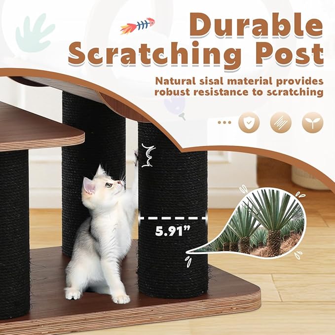 70.9'' Black Cat Tree for Indoor Cats Large Adult, Heavy Duty Cat Tower with Scratching Post, Modern Kitty Tree with Removable Mats, Semi-closed Condo and Transparent Bowl, Wooden Luxury Cat Furniture-Mewly Pet