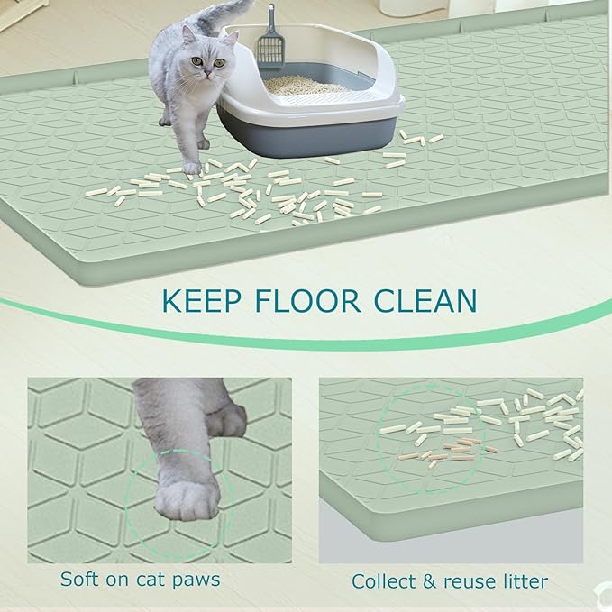 Cat Litter Mat, Silicone Large Cat Mat for Litter Box - 34x22 in, Waterproof & Non-Slip, Durable & Easy Clean, Green-Mewly Pet