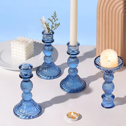 DARJEN Blue Candlestick Holders Set of 4 - Vertical Stripe Glass Candle Holders for Candlesticks and Taper Candles, Taper Candle Holder for Wedding Shower, Party, Dinner Table Decor