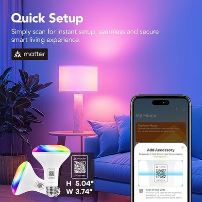 OREiN Matter Smart Light Bulb, BR30 Smart Bulbs with Remote 650LM 60W, Recessed Color Changing Bulbs RGBTW, Smart Flood Light Bulb Compatible with Alexa, Apple Home, Google Home, SmartThings, 4Pack