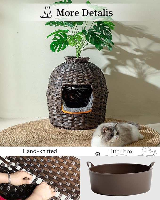 Cat Litter Box Plant Furniture Enclosure, Hidden Handwoven Rattan with Cat Litter Box and Artificial Plants, Odor Control Filter, Real Stones in Living Room, Bedroom, Corner (Brown)-Mewly Pet