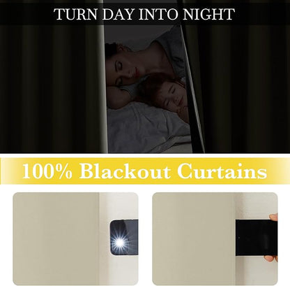 NICETOWN 100% Blackout Portable Curtains, Grommet Total Privacy Window Treatments Thermal Curtains Lightweight Travel Blackout Shades for Bedroom/Hotel, Muted Beige, W52 x L63, 2 Panels