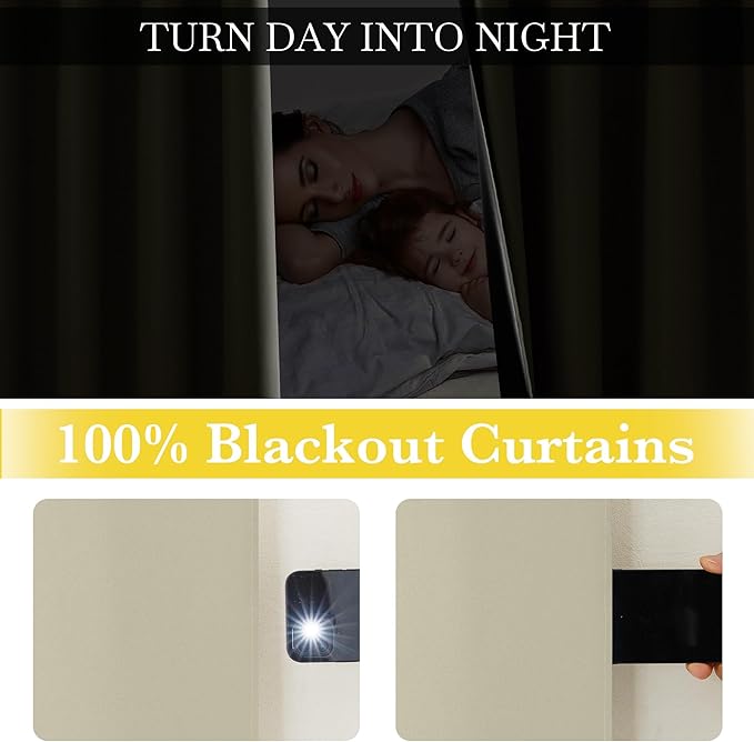 NICETOWN 100% Blackout Curtains for Living Room, Grommet Travel Blackout Curtains Lightweight Thermal Window Treatments Easy to Install for Bedroom, Muted Beige W52 x 72, 2 Panels