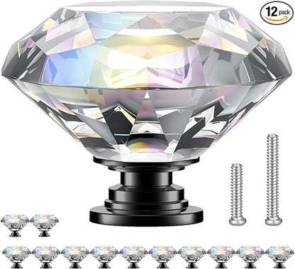 POZEAN Crystal Cabinet Knobs 12Pack, 1.57inch Dresser Knobs for Cabinet, Drawer with Two Different Sizes Screws, Diamond Glass Pulls Handles (40mm, 12Pack, Clear-Black)