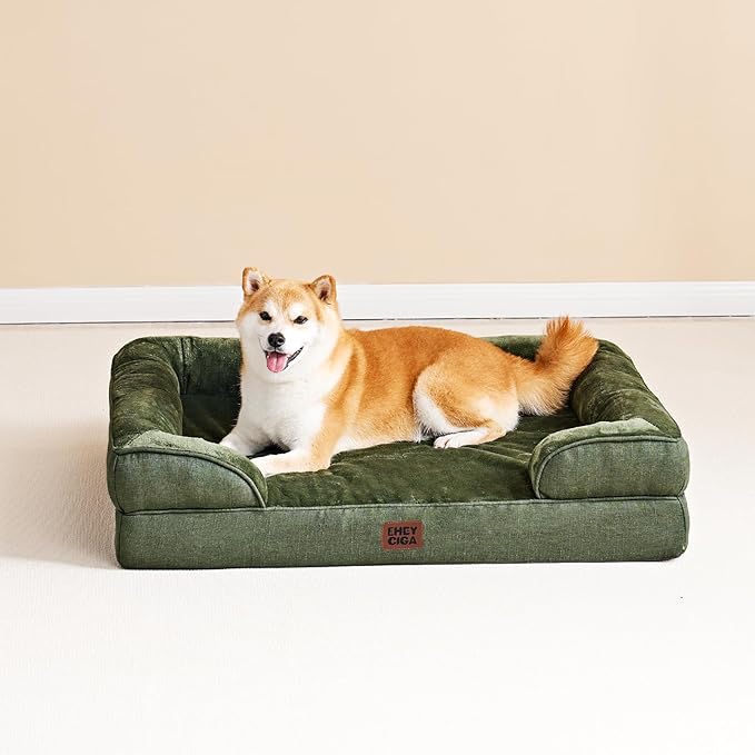 EHEYCIGA Orthopedic Dog Bed for Medium Dogs, Waterproof Memory Foam Medium Dog Beds with Sides, Non-Slip Bottom and Egg-Crate Foam Pet Couch Bed with Washable Removable Cover, Dark Green-Mewly Pet