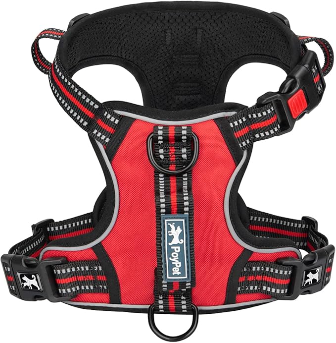 PoyPet No Pull Dog Harness, No Choke Front Clip Reflective Dog Vest with Soft Padded Vertical Handle, 3 Leash Attachments for Small Medium Large Dogs (Red,L)-Mewly Pet