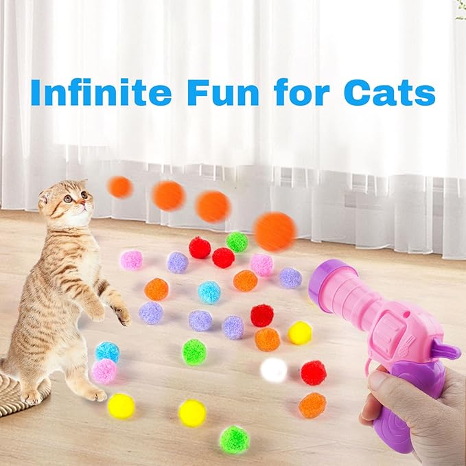 31Pcs Cat Ball Toy Launcher, 30Pcs Plush Fuzzy Balls, Cat Fetch Toy Gun Shooter for Indoor Kittens-Mewly Pet