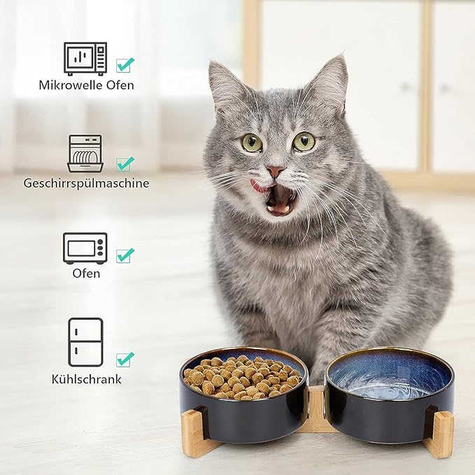 SPUNKYJUNKY Ceramic Dog and Cat Bowl Set with Wooden Stand, Modern Cute Weighted Food Water Set for Small Size Dogs (13.5OZ) & Medium Sized Dogs (28.7OZ) & Cats (1.7 Cups, 2 × Starry Blue)-Mewly Pet