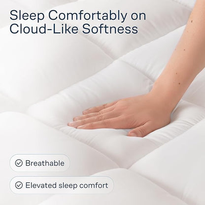 Cloud-Like Queen Mattress Topper - 100% Cotton Top Mattress Pad for Back Pain Relief - Breathable & Naturally Cooling for Hot Sleepers, White