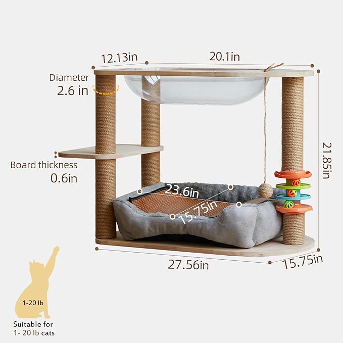 2 Tier Cat Tower,21.85 in cat Perch Wood cat condo with Hammock and Sisal Rope Scratcher Post Hanging Toy Balls for Indoor Large Cats Kittens (Grey)-Mewly Pet