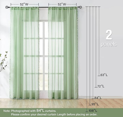 Treatmentex Pom-Pom Sheer Curtains for Living-Room Sage Green 84inch Slub Linen Textured Forest Sage Sheer Drapes for Birthday Party Décor 52" w, 2 Panels Rod Pocket