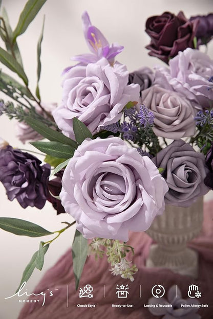 Ling's Moment Artificial Flowers Fake Roses Faux Peony Foam Gardenia Combo for DIY Wedding Bouquets Centerpieces Arrangements Bridal Shower Party Home Decorations, Lavender & Purple, 24pcs