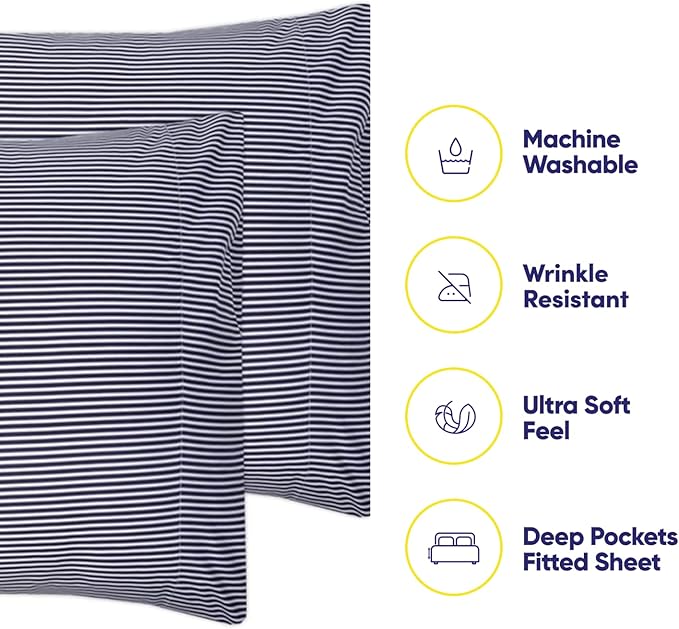 Cal King Size Bed Sheets - 6 Piece 1500 Supreme Deluxe Collection Deep Pocket Ultra Soft California King Sheet Set Bedding - 2 Extra Pillow Cases, California King, Classic Stripe Navy