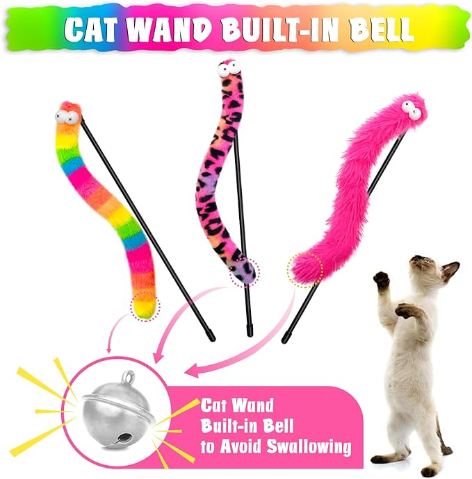 3 Pack Cat Wand Toy, Rainbow Cat Feather Toys with Bells, Teaser Wand with Soft Furry Tail, Interactive Toys for Indoor Cats & Kitten & Kitty-Mewly Pet