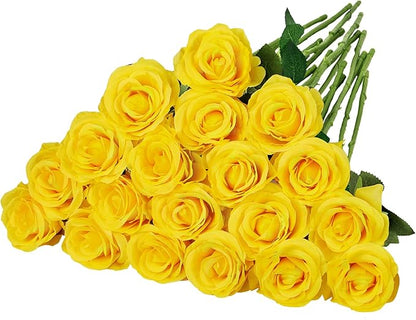 Ouddy Decor 20 Pcs Fake Yellow Roses Artificial Silk Flowers with Long Stems for Valentines Day Decor Wedding Home Party Table Centerpieces Bridal Bouquet DIY Floral Arrangment