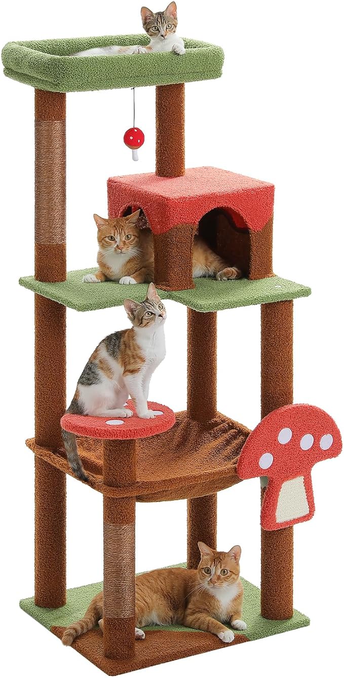 Mushroom Cat Tree Tower with Removable Scratcher, Large Hammock, Condo, Perch, 3 Sisal Posts – Multi-Level Cat Tree for Indoor Cats, Cute Cat Tower for Small Space Homes-Mewly Pet