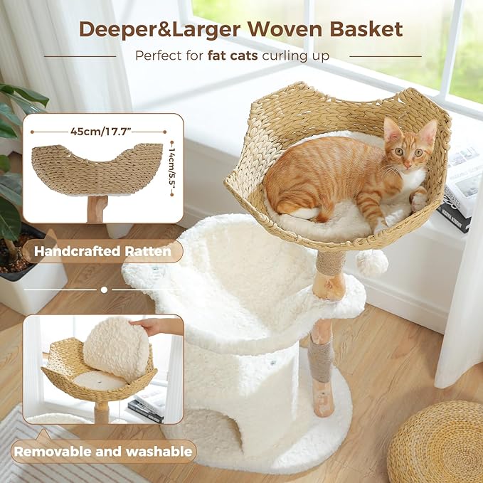 PAWZ Road Modern Cat Tree with Natural Solid Wood Scratching Post, 40 Inches Cat Tower with Spacious Wicker Basket,Large Hammock,Luxury Condo for Indoor Cats-Mewly Pet