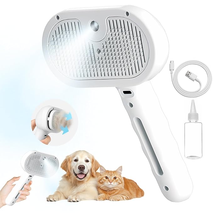 ‌3-in-1 Pet Steam Brush with Self-Cleaning & Cool Mist‌ – Portable Grooming Tool for Cats & Dogs, Long-Lasting Shedding Control & Detangling, Refillable Water Tank & Fast Charging-Mewly Pet