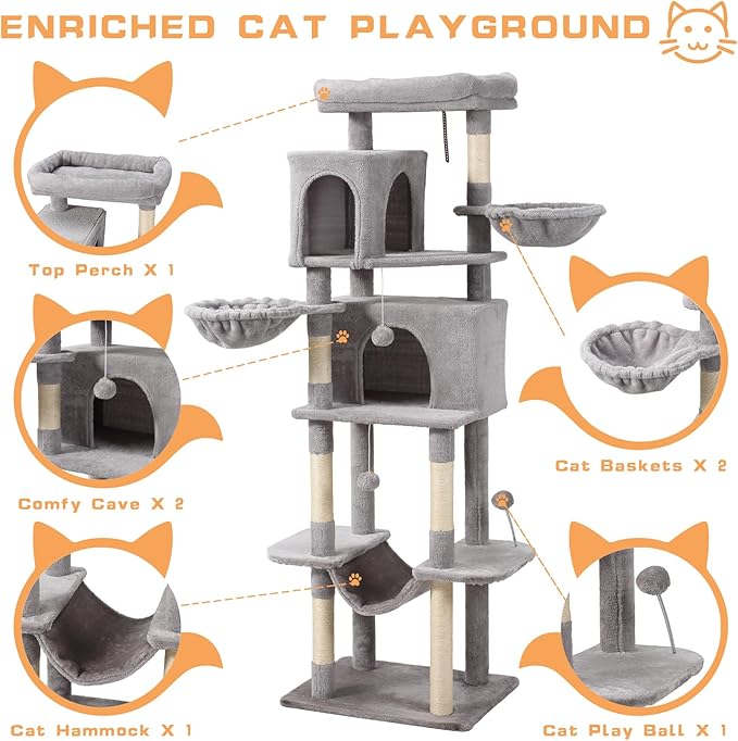 70-Inch Cat Tree,Large Cat Tree Tower with Hammock, Scratching Post, Condo and Multi-Level Cat Tower for Large Cats, Cat Activity Center Playhouse, Light Gray LCT016-Mewly Pet