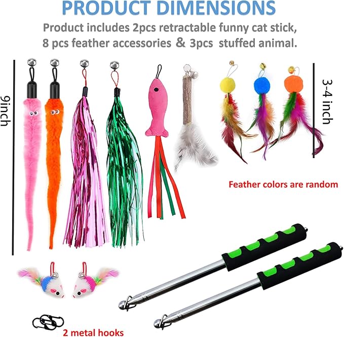 2pcs Retractable Wand Toys, Cat Fishing Rod with 11 Pcs Feather Refills for Indoor & Outdoor Cats-Mewly Pet